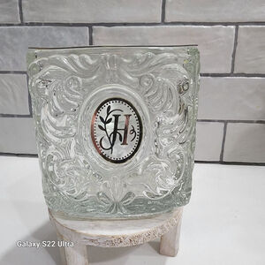 Vintage Avon Glass (Heavy) Triangle Shaped Votive Holder. Adorned w/ a letter H